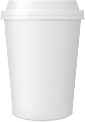 Realistic coffee paper cup and mug mockup, cardboard and plastic package. Isolated 3d vector white and eco-friendly pack with lid showcasing a modern, trendy design for branding and presentations