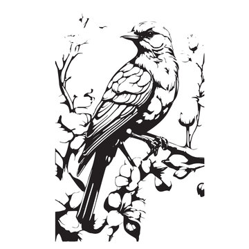 A black and white pencil drawing of a birds on a rose in the style