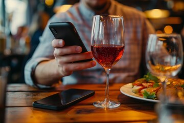 Obraz premium A man holding a phone with a glass of red wine on a table in a cozy restaurant.