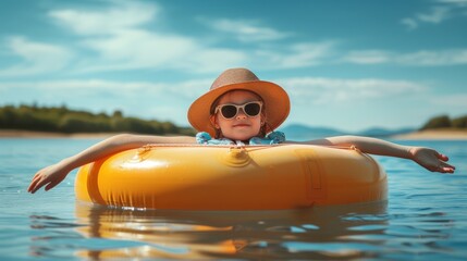 Child in a sunhat floating on a yellow inner tube in a lake