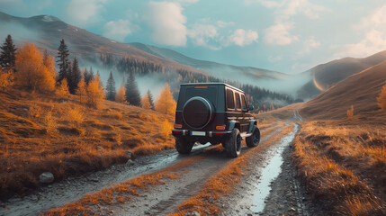 Two off road vehicles coming out of a mud hole hazard in off-road competition - obrazy, fototapety, plakaty