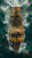 pirate ship sailing on the open sea, top view
