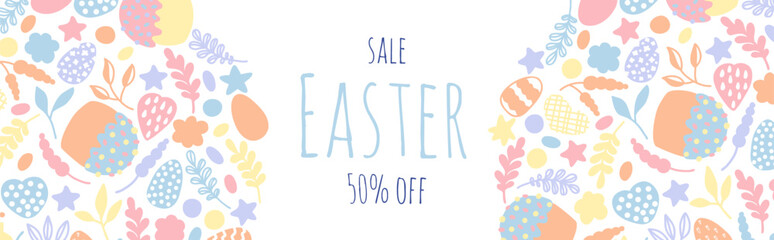 Easter horizontal banner with hand drawn cute pastel elements. Sale holiday a poster.