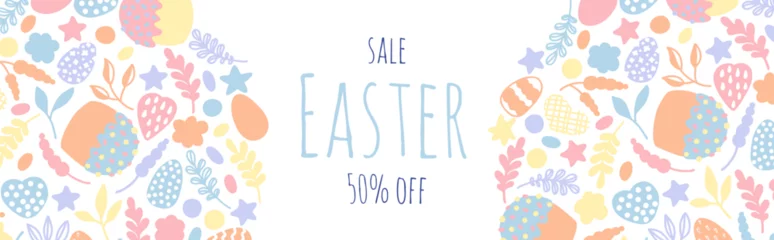 Poster Easter horizontal banner with hand drawn cute pastel elements. Sale holiday a poster. © Koo Mari
