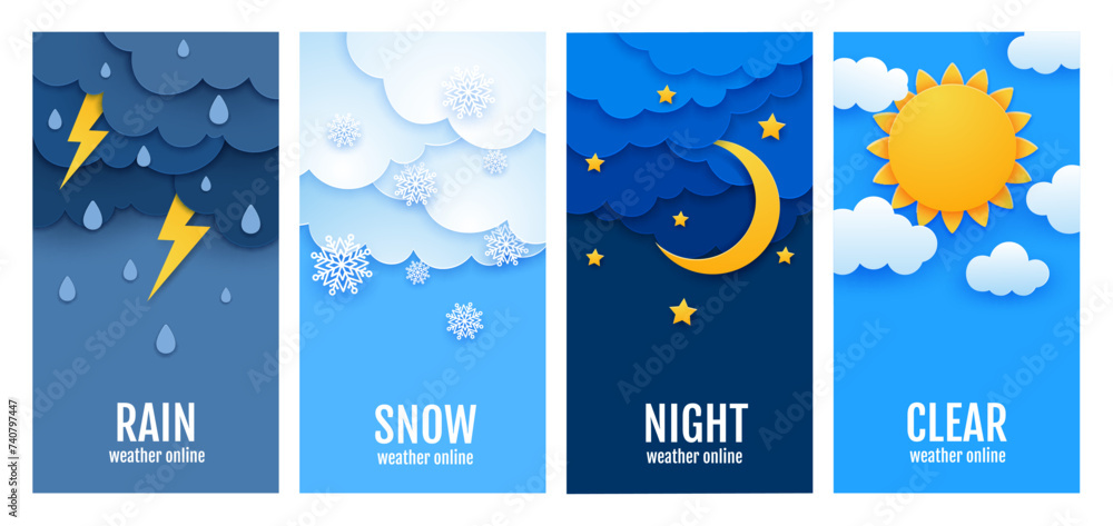 Poster weather paper cut banners with rain and sun, snow and clouds, vector background. weather forecast wi