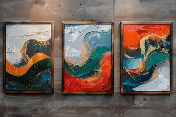 Trio of beautifully framed abstract oil paintings for modern interior   - obrazy, fototapety, plakaty