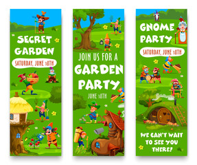Cartoon garden gnome and dwarf characters, fairytale house buildings village, vector banners. Kid party banners with gnome farmers in garden, burrow homes of funny dwarf woodworker and tailor - obrazy, fototapety, plakaty
