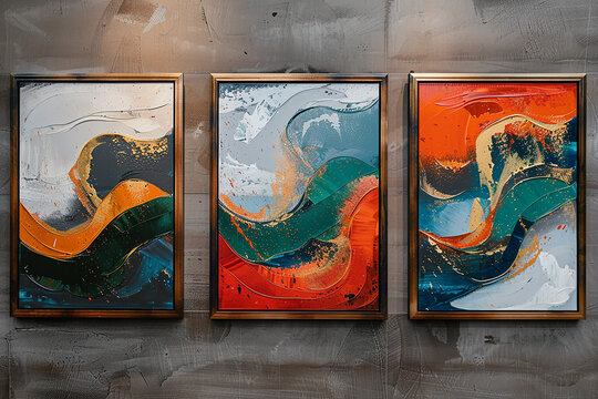 Trio of beautifully framed abstract oil paintings for modern interior  