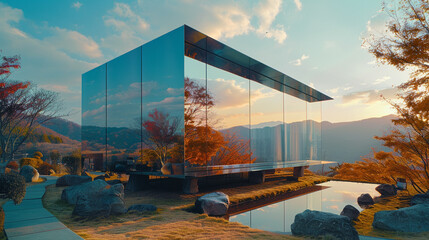 A house with a mirrored exterior, reflecting the surrounding landscape and sky. The seamless...
