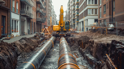 Urban Pipeline Installation with Excavator on Construction Site
 - obrazy, fototapety, plakaty