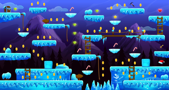 Arcade north pole world game level map interface. Sweets and gems, glaciers, ice platforms and stairs, coins, stars and heart on vector background with cartoon mountains. 2d video and computer game UI