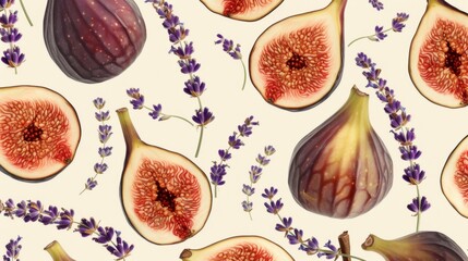 Pattern of Figs and Lavender on White Background