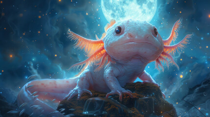 A cute glowing axolotl up close Sitting on a chair with the moon as a background floating in space