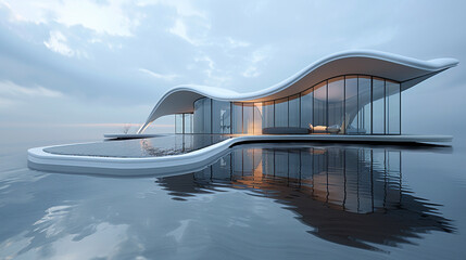 A house with an undulating roof resembling ocean waves. The fluidity of the design, coupled with reflective surfaces, creates a sense of movement and serenity..	