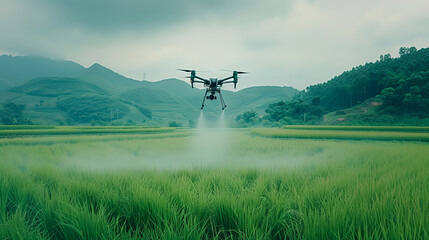 Drone spraying crops, agricultural drone dropping pesticides on plantation