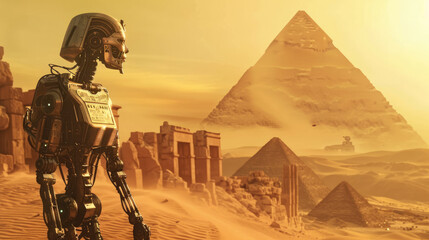 Robot amidst Egyptian ruins sand swirling pyramids towering behind an ancient future