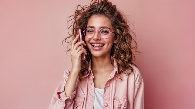 jeune femme souriante en train de parler au t&eacute;l&eacute;phone sur fond rose, espace pour texte