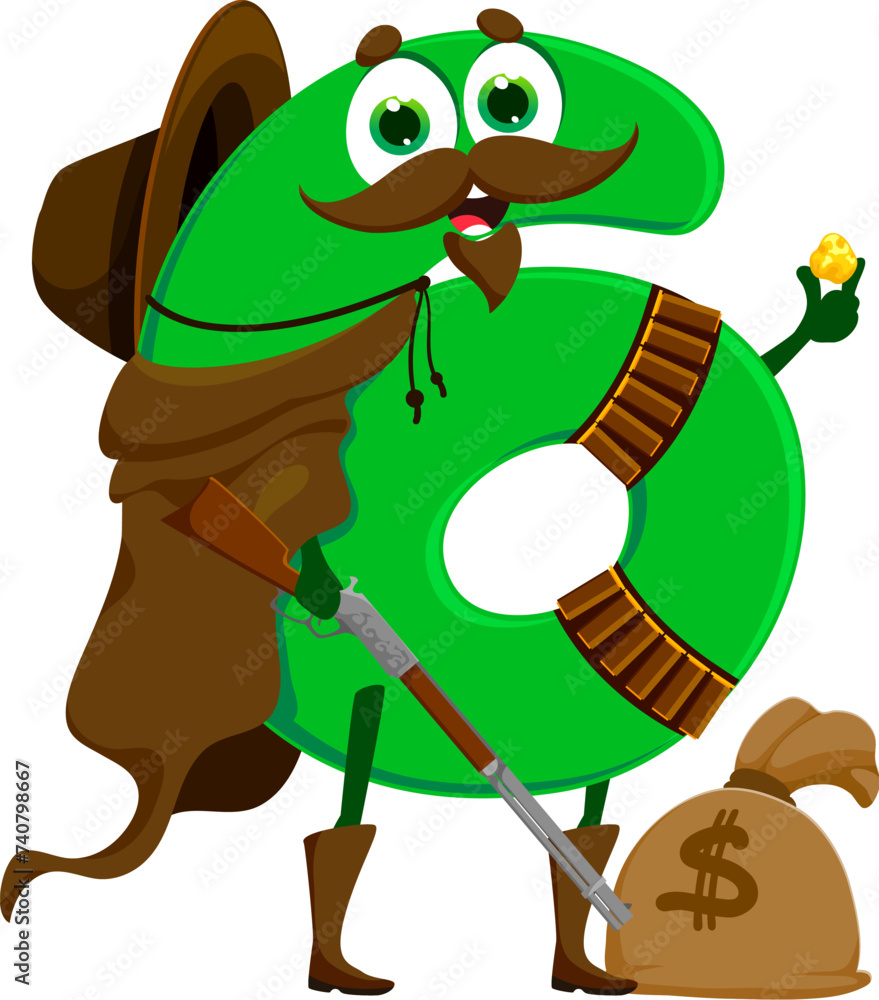 Aufkleber cartoon cowboy and robber math number six character with money sack and gold nugget. isolated vector