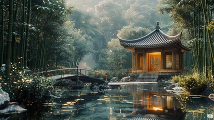 Fototapeten A hyperrealistic image of a bamboo house with a pagoda roof and a wooden door. The house is simple and natural, and has a zen-like vibe. The house is nestled in a bamboo forest, with a stream and a st © Adnan Bukhari