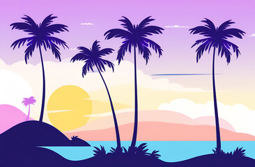 Fototapeta na wymiar Illustration of a black silhouette of palm trees on a multi-colored background. Postcard, poster