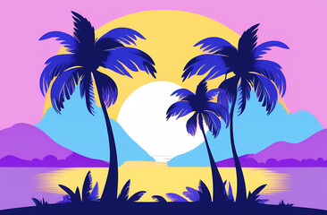 Fototapeta na wymiar Illustration of a black silhouette of palm trees on a multi-colored background. Postcard, poster