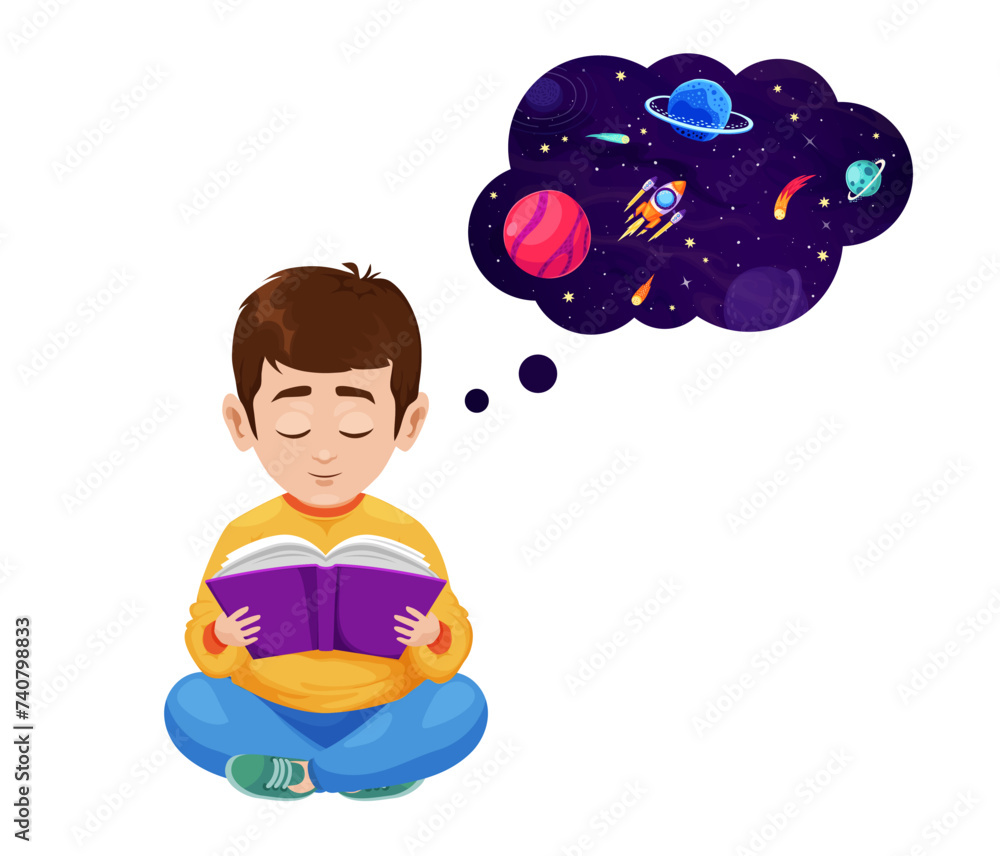 Aufkleber boy reading book and dreaming about galaxy space rockets and planets, cartoon vector. kid boy with d