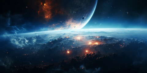 Obraz premium Mars purple space landscape with large planets on purple starry sky, meteors and mountains. Nature on another planet. 3d illustration