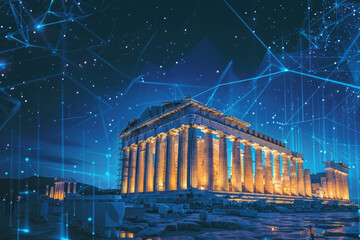 Ancient Greece revived with blockchain transparent governance from Athens to the digital age - obrazy, fototapety, plakaty