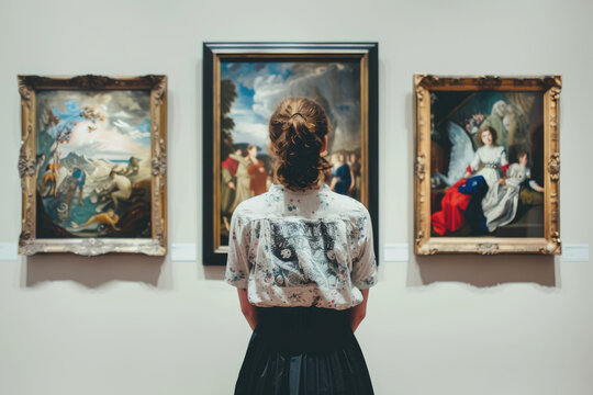 Young woman looks at paintings in a museum or exhibition at art gallery