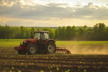 Fototapeta premium A farmer is driving a red tractor across a vast field, plowing the soil in preparation for planting crops.