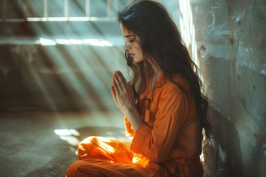 Female prisoner in an orange jumpsuit with dark long hair and closed eyes sits in meditation, in the rays of the sun penetrating through the prison bars.