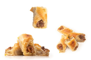 Delicious sweet baklava with walnuts isolated on white background.