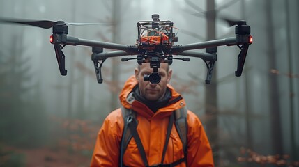 A drone hovering in mid-air, with a scientist controlling its flight path using advanced remote control technology, capturing aerial data and images - obrazy, fototapety, plakaty