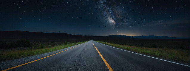 Secluded highway with a deserted asphalt road, embraced by the vast night sky. - obrazy, fototapety, plakaty