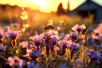 bees and butterflies in a wild field of bright field flowers - obrazy, fototapety, plakaty
