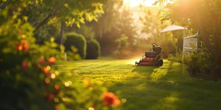 A lawn mower driving along the lawn with a grass.
