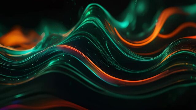 dynamic and abstract wave pattern with vibrant colors. The waves are primarily teal, accentuated by streaks of orange that create a visually striking contrast. The background is dark