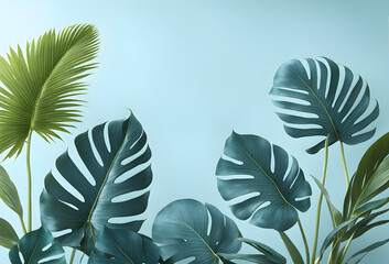 Colección de hojas tropicales en color azul y verde. Plantas de follaje en color azul con fondo. Costilla de Adán. IA.