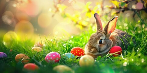A rabbit is laying in the grass among the colored eggs.
