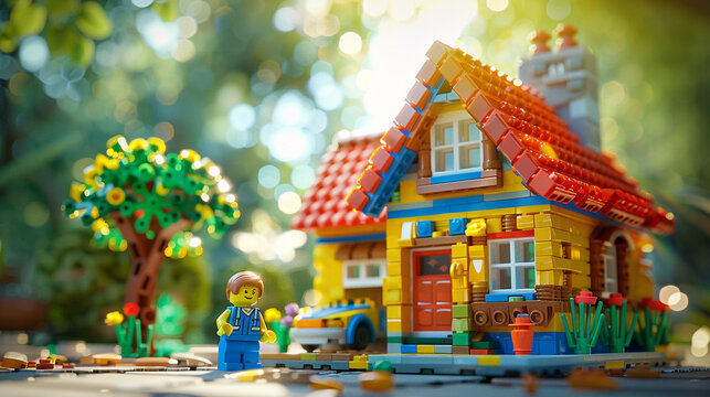 A hyperrealistic image of a Lego house with a hinged roof and a window. The house is fun and colorful, and has a Lego figure and a car outside. The house is built on a Lego baseplate, with a Lego tree