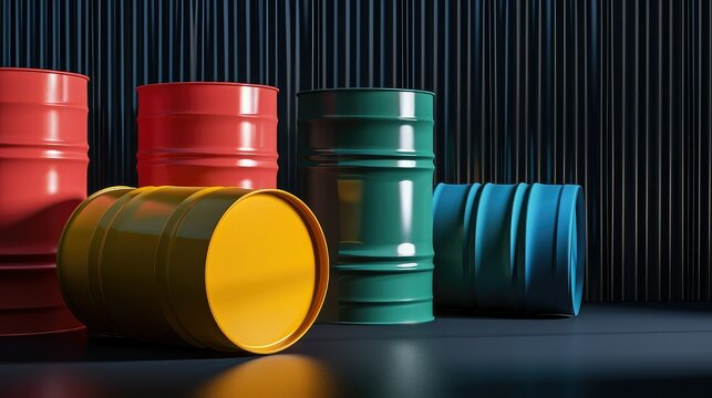 A set of large coloured oil barrels sitting in shadows.