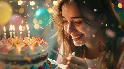 Fotobehang a happy girl smiling at birthday cake in her birthday party © Kien