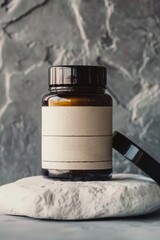 Glass jar of moisturizing cream in stone benchtop scene