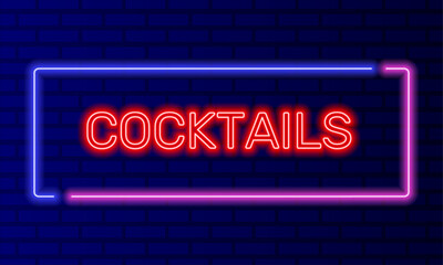 Neon sign cocktails in speech bubble frame on brick wall background vector. Light banner on wall background. Cocktails button alcohol shake, drinking canteen, design template, night neon signboard