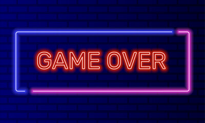 Neon sign game over in speech bubble frame on brick wall background vector. Light banner on the wall background. Game over button finish waste lose, design template, night neon signboard