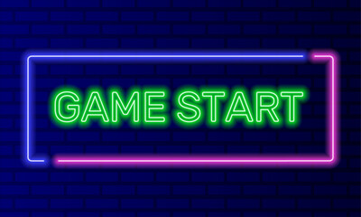 Neon sign game start in speech bubble frame on brick wall background vector. Light banner on the wall background. Game start button navigation, design template, night neon signboard