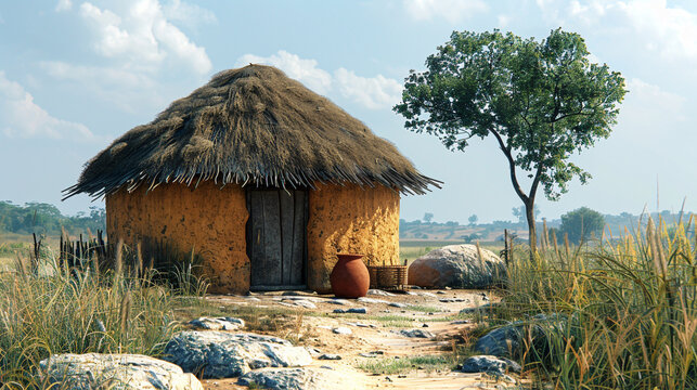 A hyperrealistic image of a mud house with a thatched roof and a door. The house is simple and sturdy, and has a clay pot and a basket outside. The house is located in a savanna, with a grassland and 