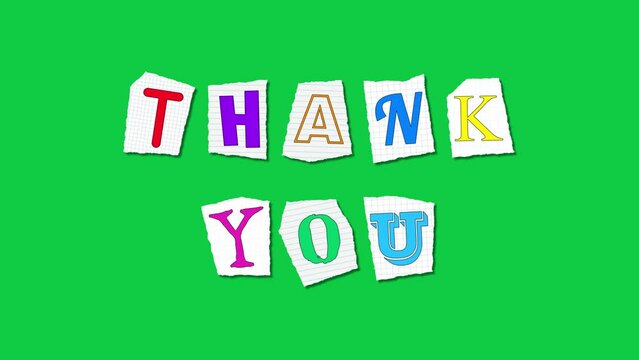 thank you colorful magazine and newspaper letter cutout 4k loop animation on green screen, isolated design element