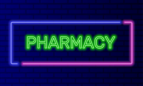 Neon sign pharmacy in speech bubble frame on brick wall background vector. Light banner on the wall background. Pharmacy button medicines and pills, design template, night neon signboard