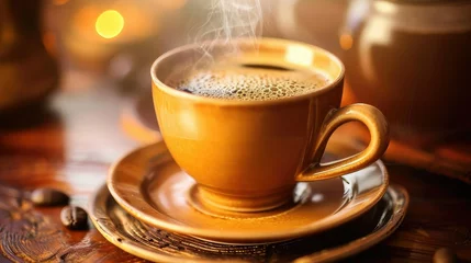  Cup of hot freshly prepared coffee and grains. © Suwanlee